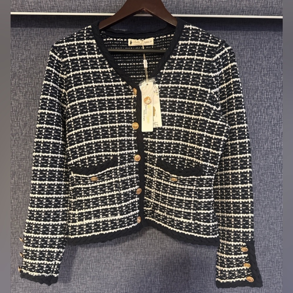 Navy Blue Tweed Button-Up Cardigan Sweater (Small)